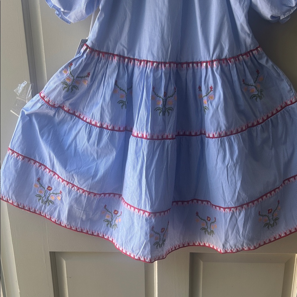 Light Blue Embroidered Tiered Casual Dress with Pink Trim - Picture 11 of 14